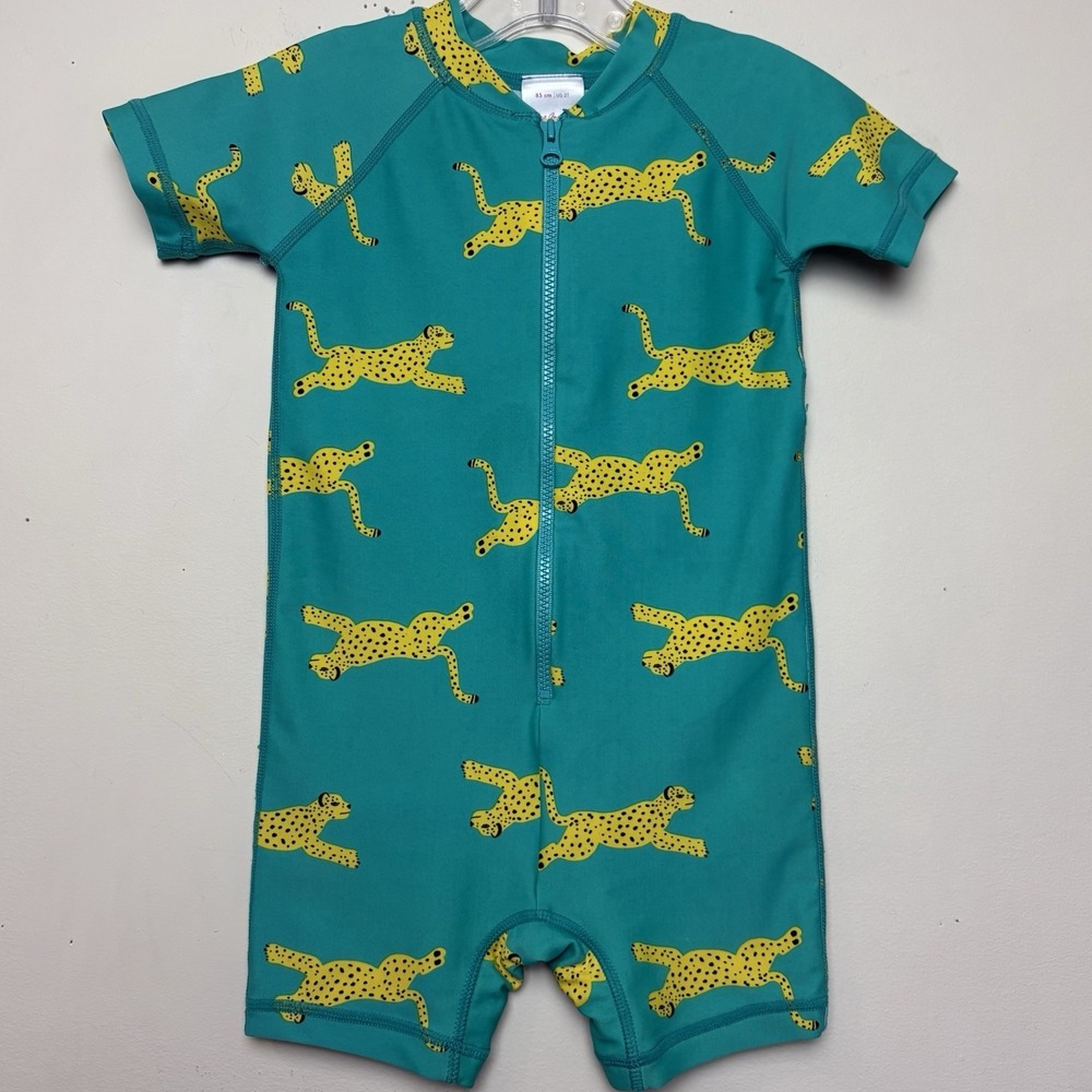 Hanna Andersson Rash Guard Swim Bathing Suit Zip Up Teal Cheetah Print